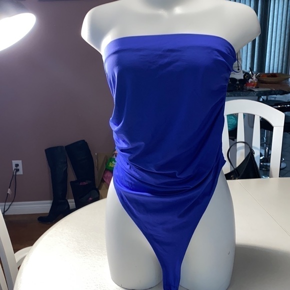 ZARA RUCHED DRAPED PED STRAPLESS BODYSUIT ELECTRIC BLUE SZ L - Picture 3 of 12